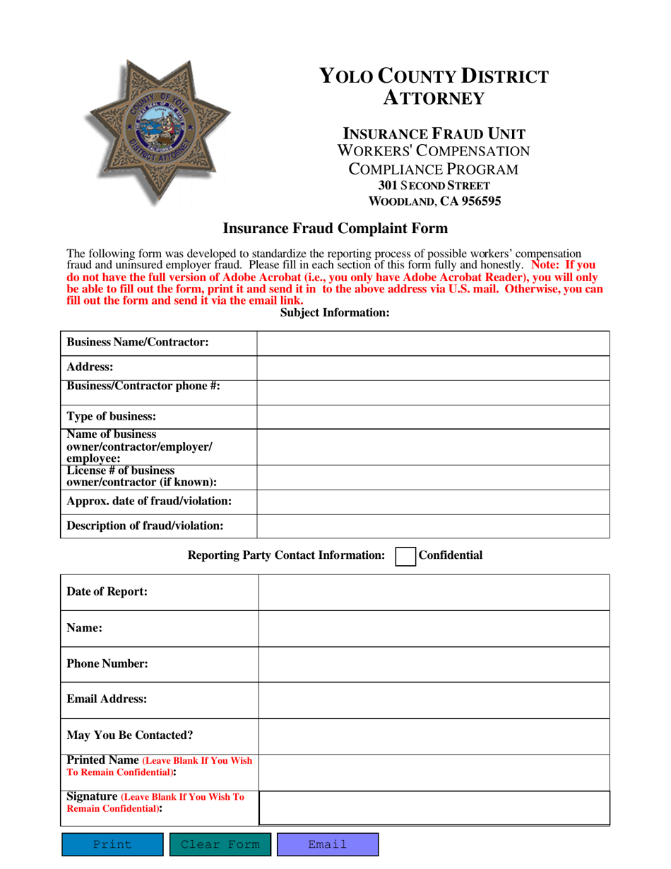 Insurance Fraud Complaint Form - Yolo County, California, Page 1