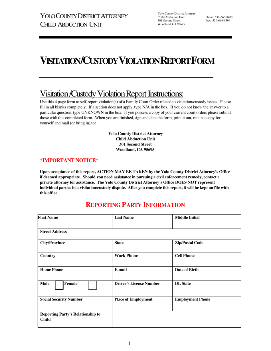 Visitation / Custody Violation Report Form - Yolo County, California, Page 1