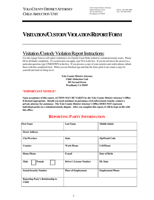Visitation / Custody Violation Report Form - Yolo County, California Download Pdf