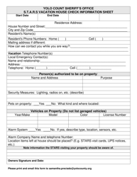 Document preview: S.t.a.r.s Vacation House Check Information Sheet - Yolo County, California