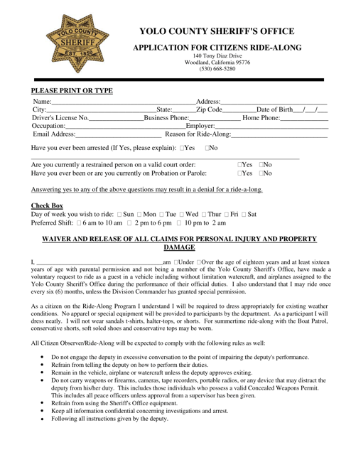 Application for Citizens Ride-Along - Yolo County, California Download Pdf