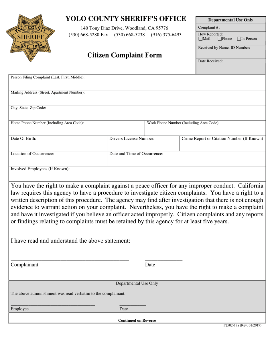 Form F2502-17 Citizen Complaint Form - Yolo County, California, Page 1