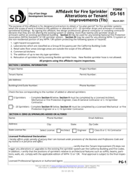 Form DS-161 Affidavit for Fire Sprinkler Alterations or Tenant Improvements (Tis) - City of San Diego, California