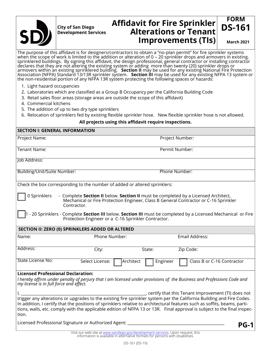 Form DS-161 Affidavit for Fire Sprinkler Alterations or Tenant Improvements (Tis) - City of San Diego, California, Page 1