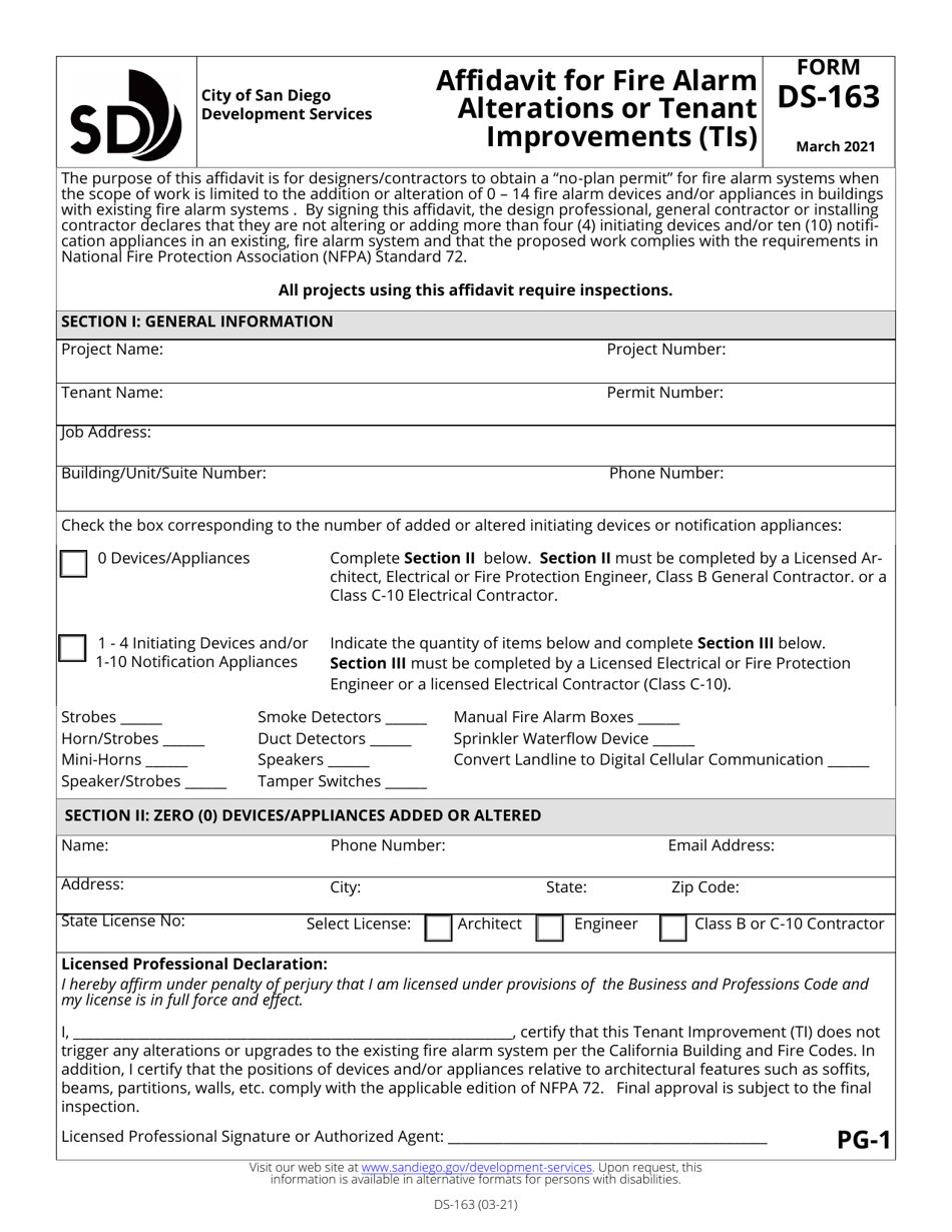Form DS-163 Affidavit for Fire Alarm Alterations or Tenant Improvements (Tis) - City of San Diego, California, Page 1