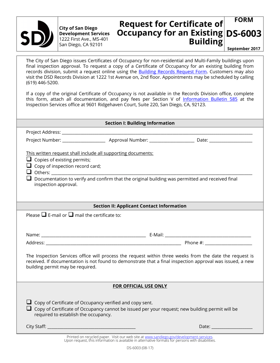 Form DS-6003 Request for Certificate of Occupancy for an Existing Building - City of San Diego, California, Page 1