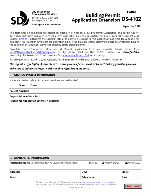 Form DS-4102 Building Permit Application Extension - City of San Diego, California