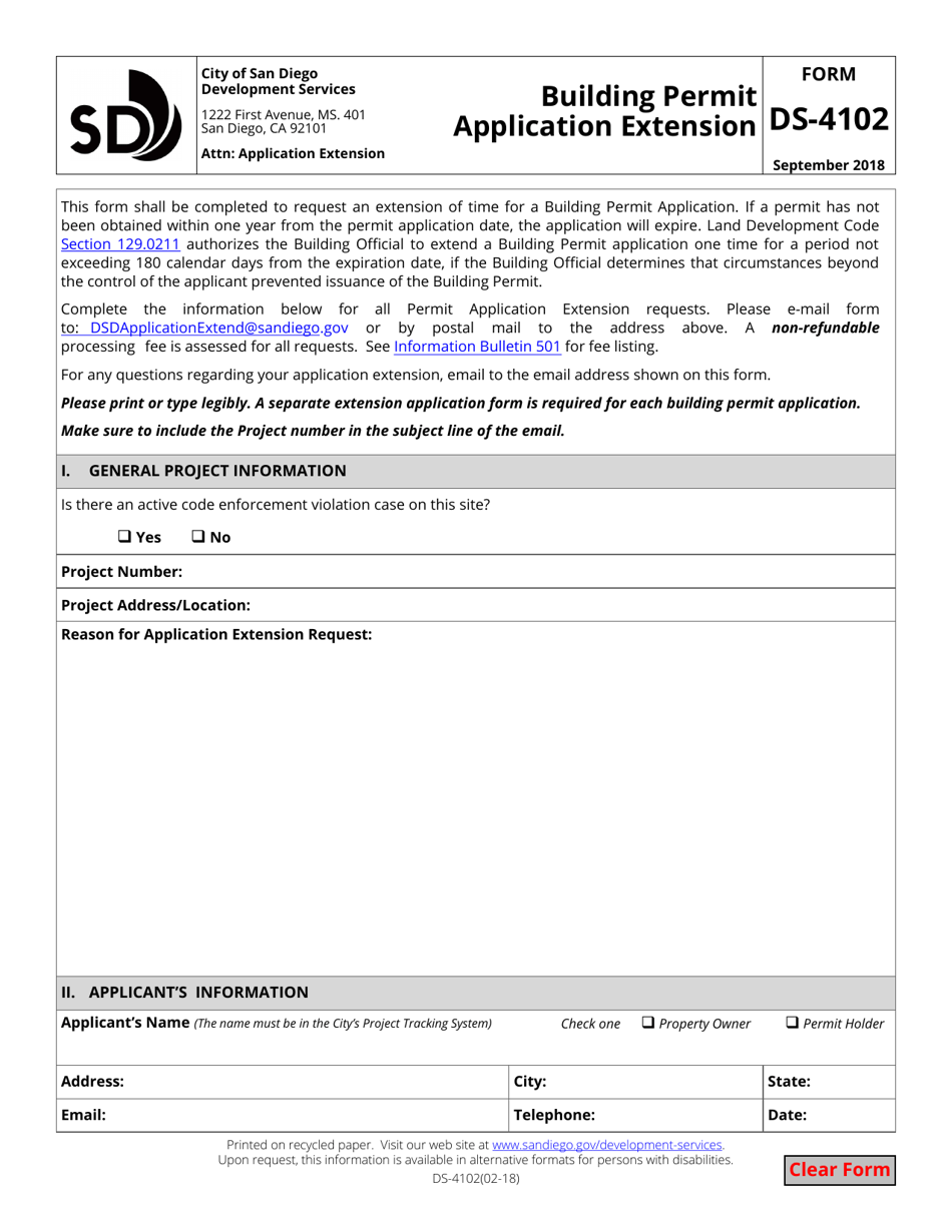 Form DS-4102 Building Permit Application Extension - City of San Diego, California, Page 1