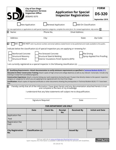 Form DS-320 Application for Special Inspector Registration - City of San Diego, California
