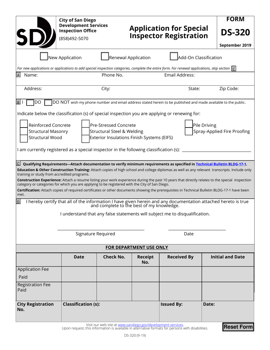 Form DS-320 Application for Special Inspector Registration - City of San Diego, California, Page 1