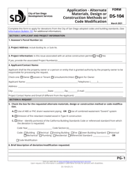 Document preview: Form DS-104 Application - Alternate Materials, Design, or Construction Methods or Code Modification - City of San Diego, California