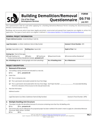 Form DS-710 &quot;Building Demolition/Removal Questionnaire&quot; - City of San Diego, California