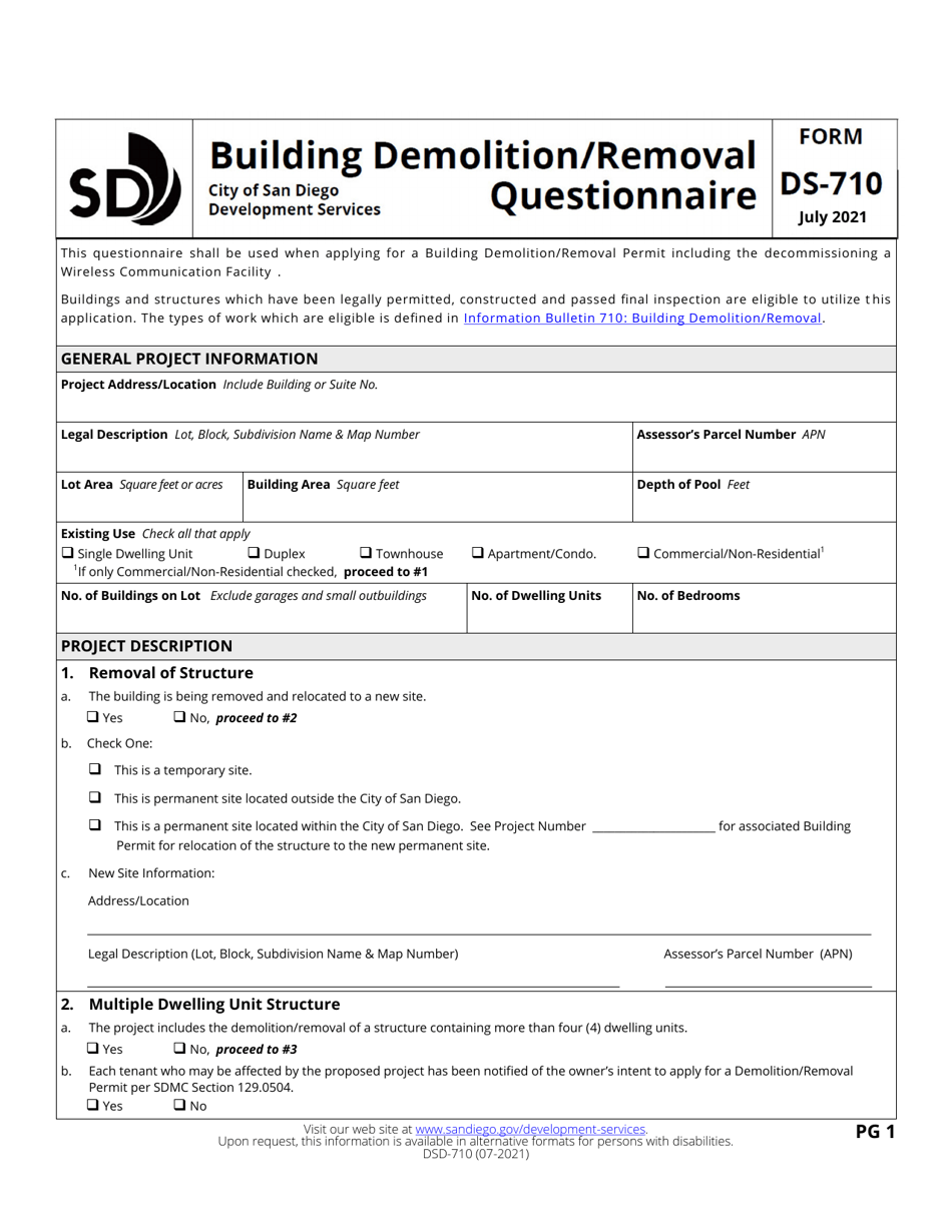 Form DS-710 Building Demolition / Removal Questionnaire - City of San Diego, California, Page 1