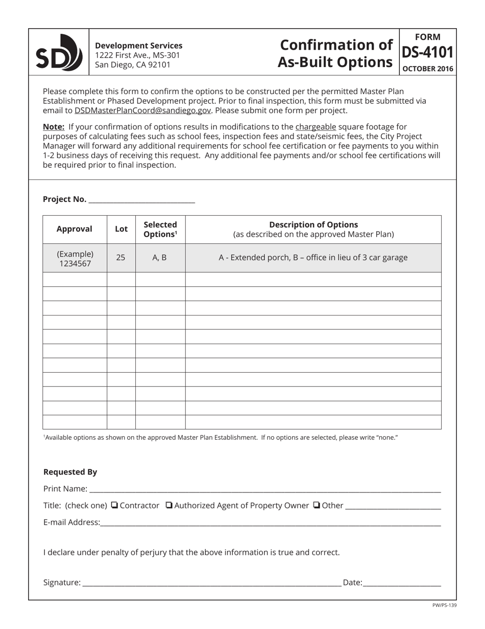 Form DS-4101 Confirmation of as-Built Options - City of San Diego, California, Page 1