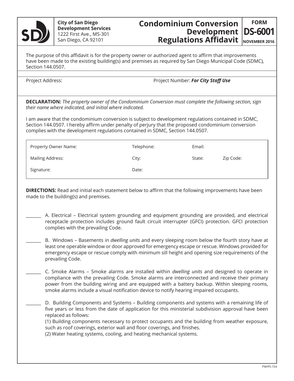 Form DS-6001 Condominium Conversion Development Regulations Affidavit - City of San Diego, California, Page 1
