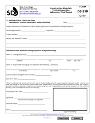 Form DS-310 &quot;Construction Materials Testing/Inspection Laboratory Final Report&quot; - City of San Diego, California