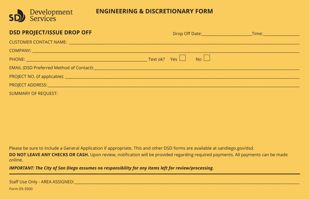 Form DS-3500 Engineering & Discretionary Form - City of San Diego, California