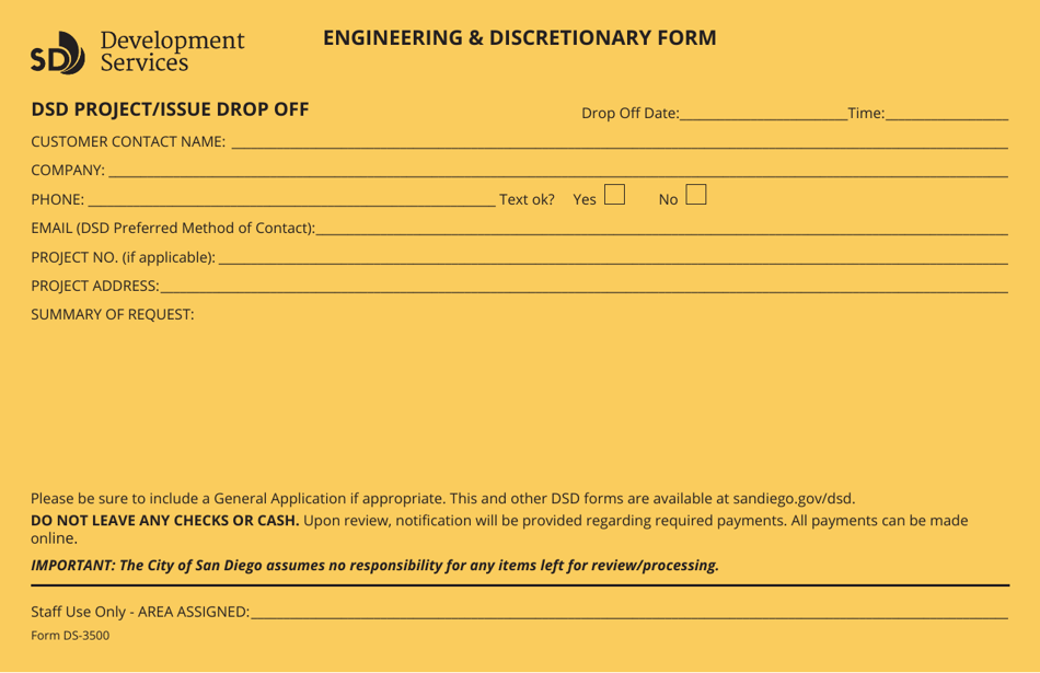 Form DS-3500 Engineering  Discretionary Form - City of San Diego, California, Page 1