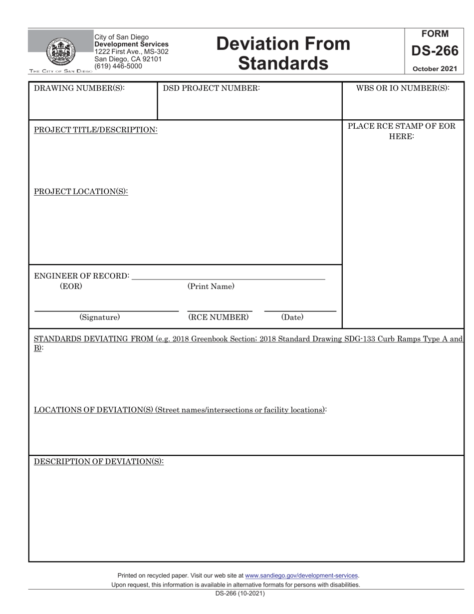 Form DS-266 Deviation From Standards - City of San Diego, California, Page 1