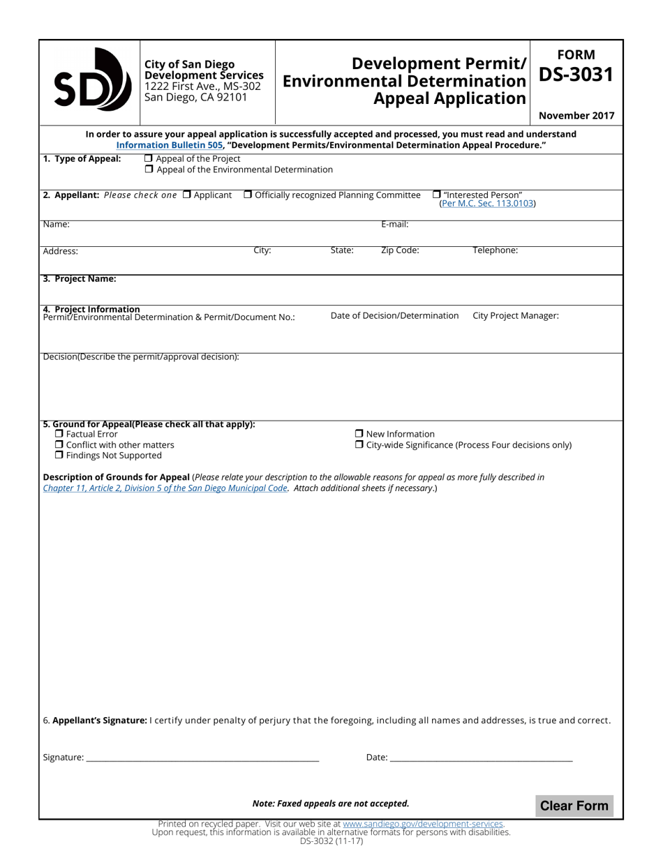 Form DS-3031 Development Permit / Environmental Determination Appeal Application - City of San Diego, California, Page 1