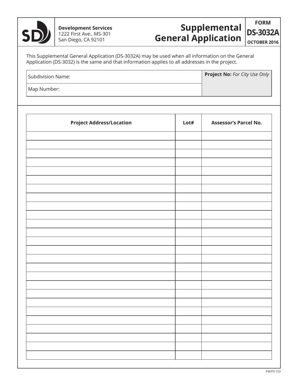 Form DS-3032A (PW / PS-153) Supplemental General Application - City of San Diego, California, Page 1