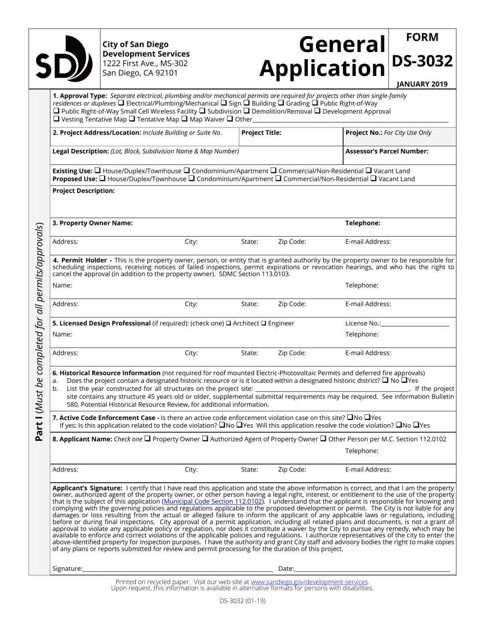Form DS-3032 General Application - City of San Diego, California, Page 1