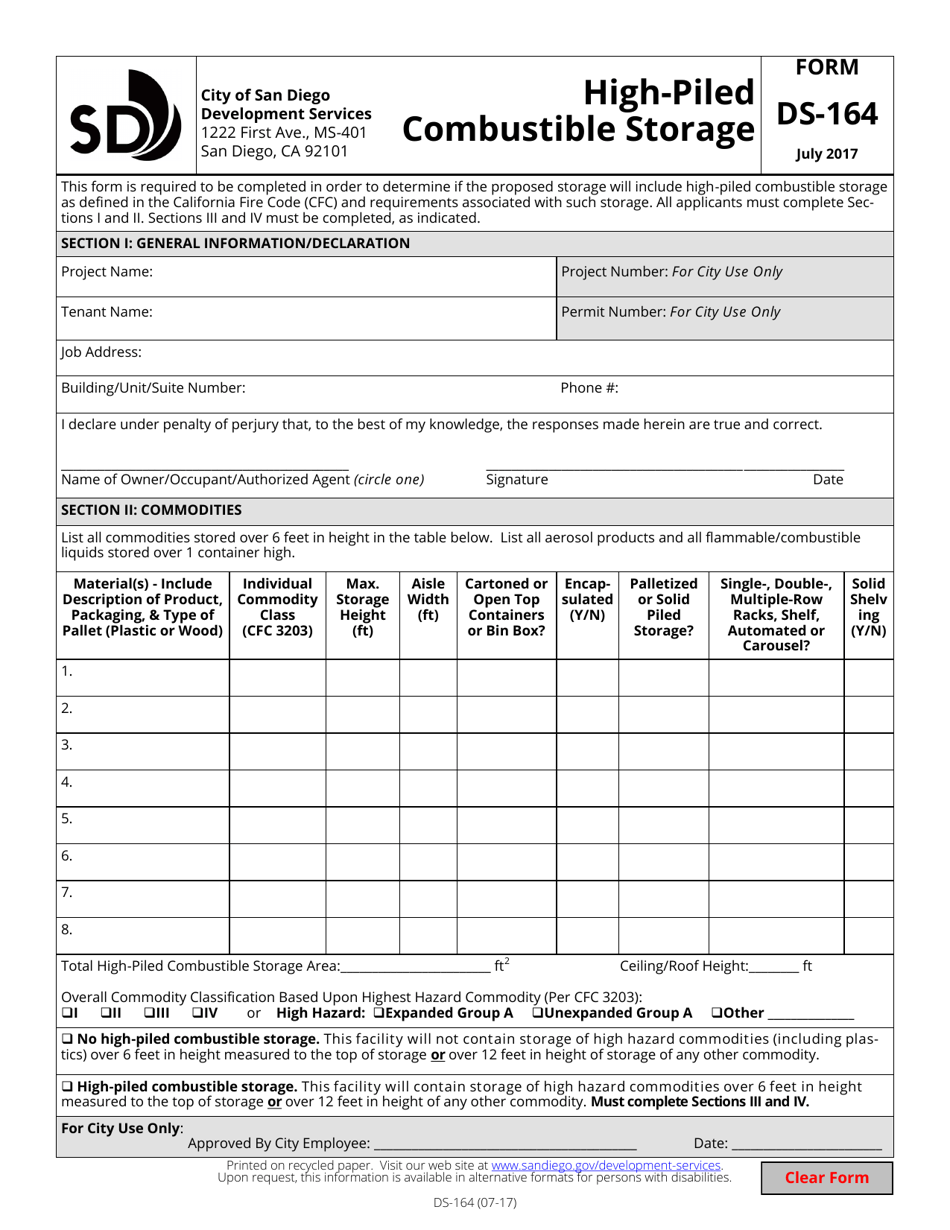 Form DS-164 High-Piled Combustible Storage - City of San Diego, California, Page 1