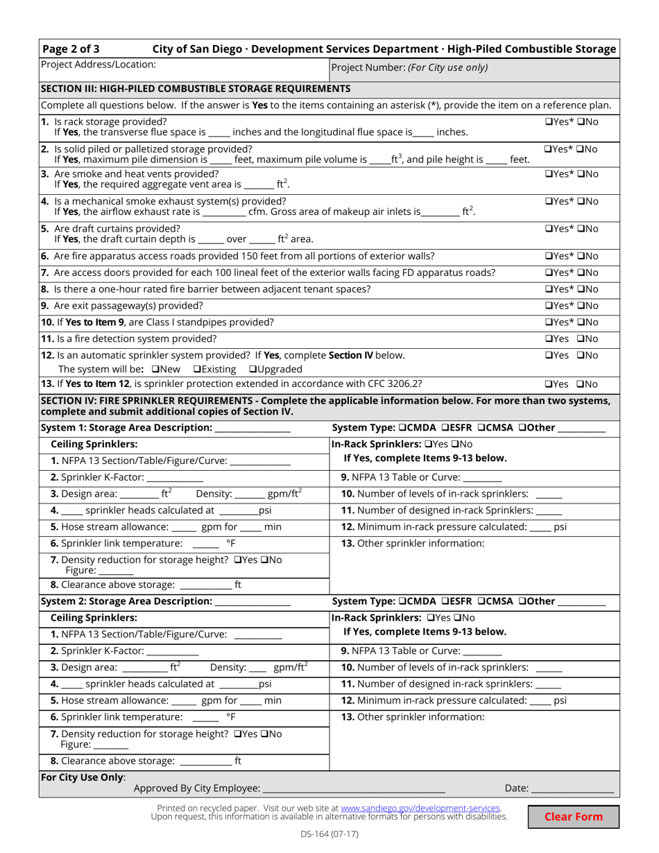 Form DS-164 High-Piled Combustible Storage - City of San Diego, California, Page 2