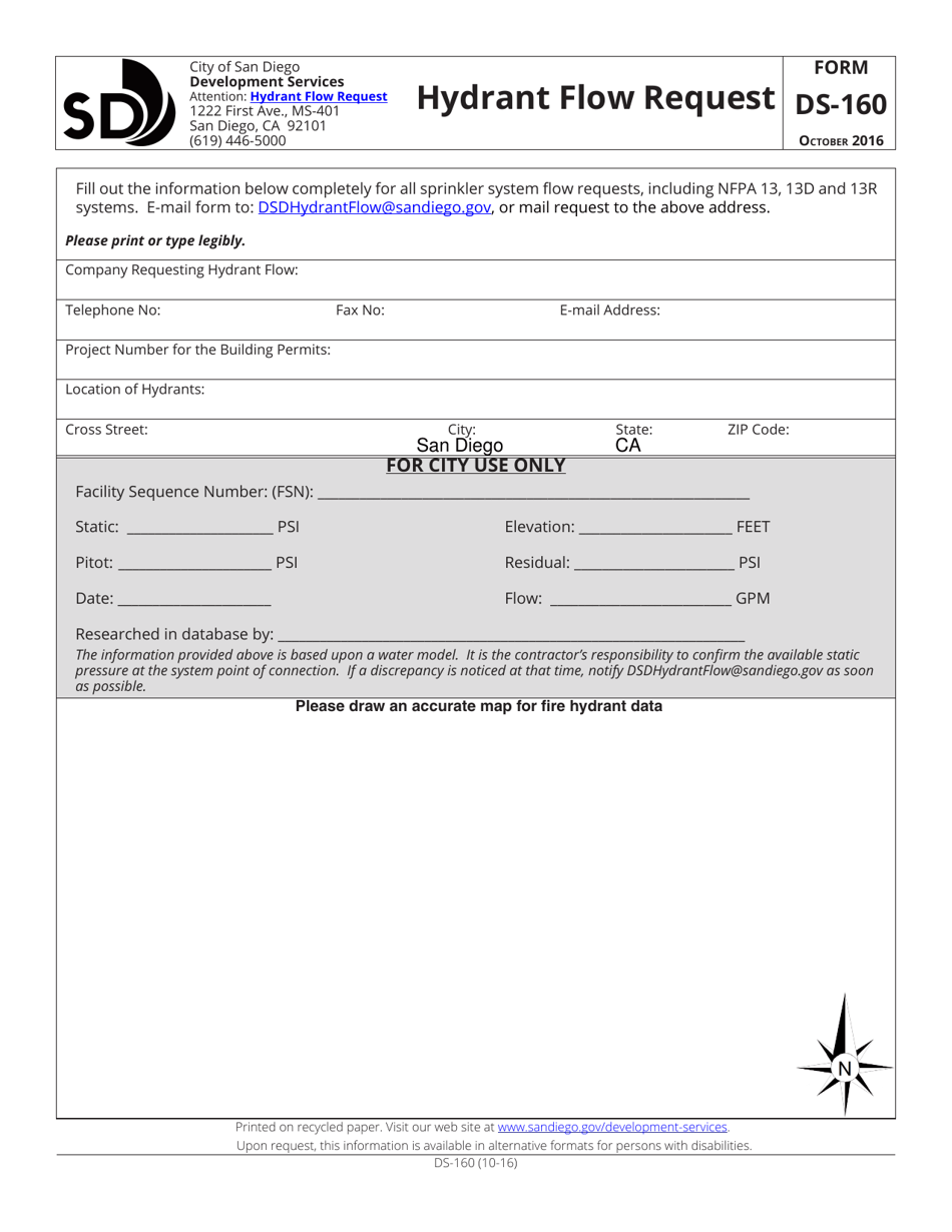 Form DS-160 Hydrant Flow Request - City of San Diego, California, Page 1
