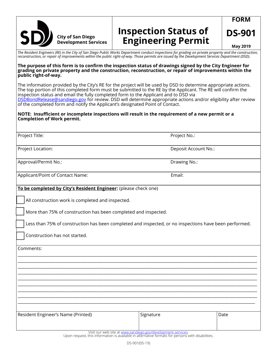 Form DS-901 Inspection Status of Engineering Permit - City of San Diego, California, Page 1