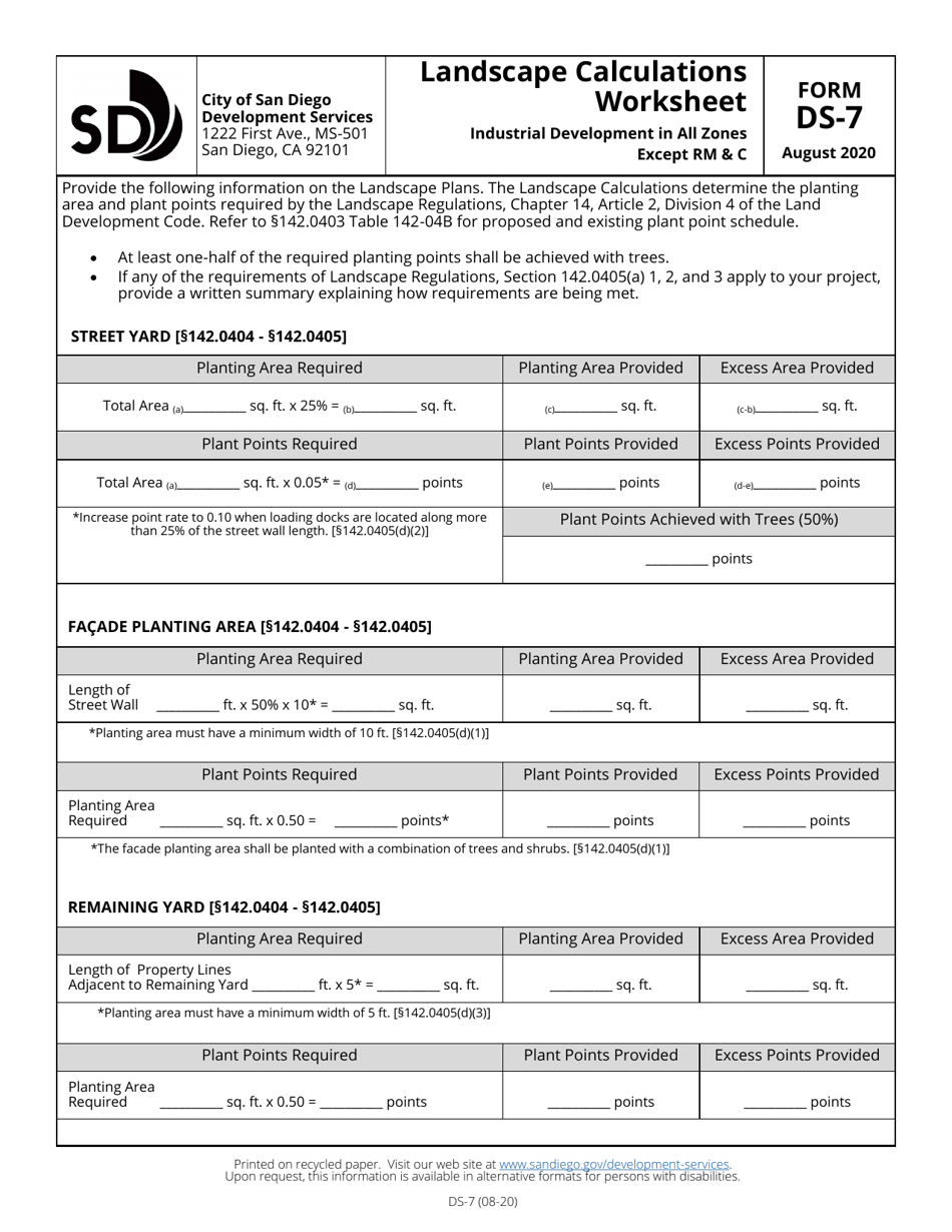 Form DS-7 Landscape Calculations Worksheet - Industrial Development in All Zones Except Rm and C - City of San Diego, California, Page 1