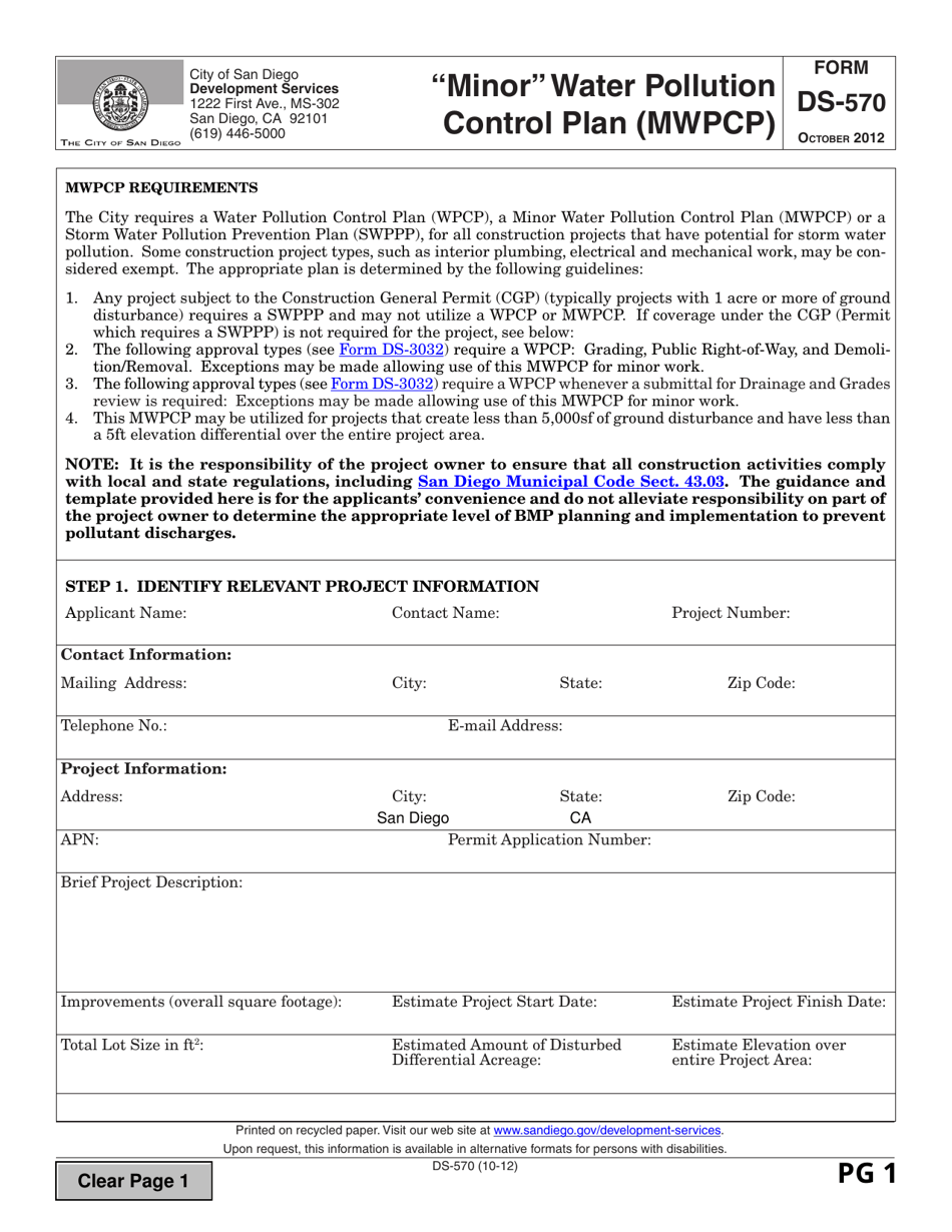 Form DS-570 Minor Water Pollution Control Plan (Mwpcp) - City of San Diego, California, Page 1