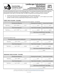 Form DS-4 &quot;Landscape Calculations Worksheet - Commercial Development in All Zones/Industrial Development in Rm and C Zones/Commercial Components of Mixed-Use Development&quot; - City of San Diego, California