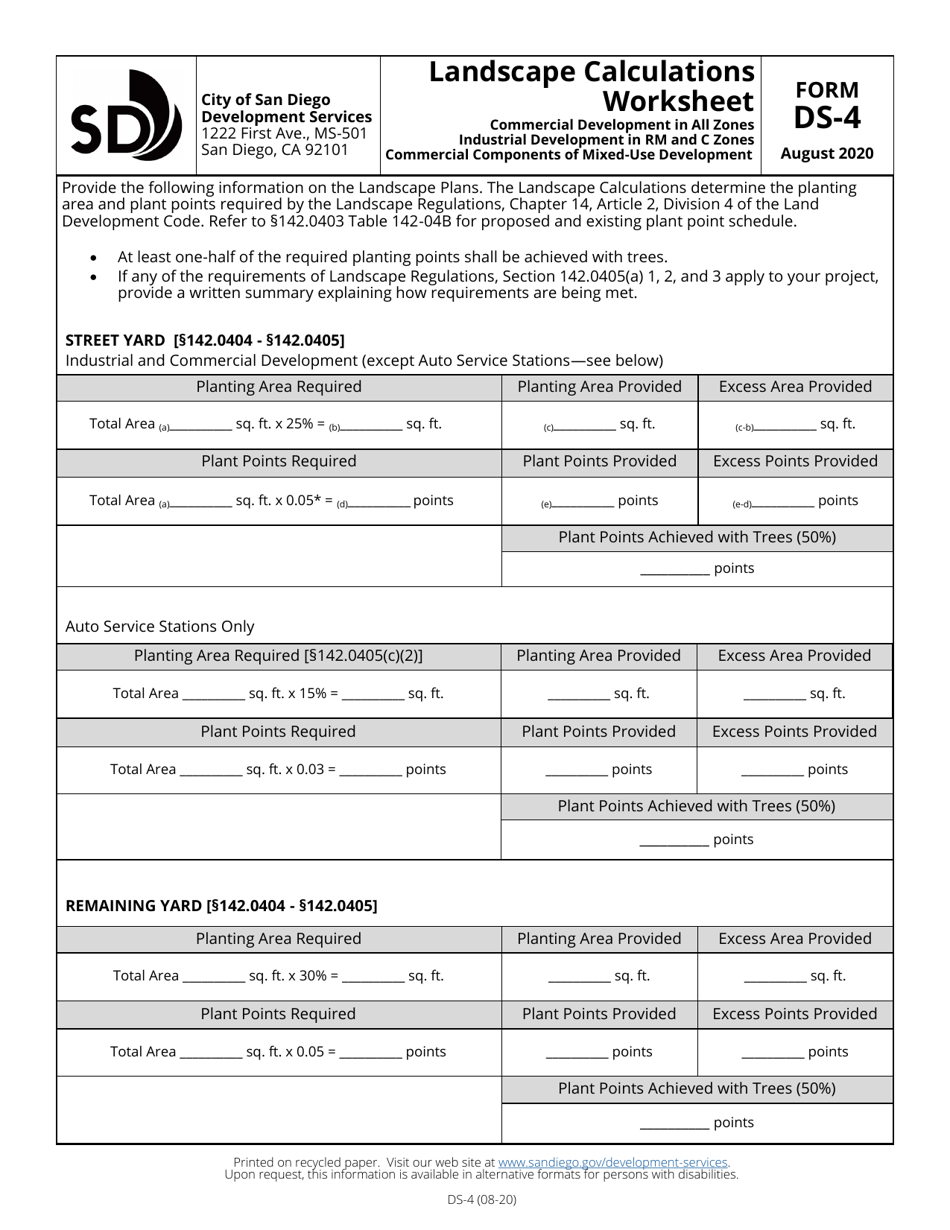 Form DS-4 Landscape Calculations Worksheet - Commercial Development in All Zones / Industrial Development in Rm and C Zones / Commercial Components of Mixed-Use Development - City of San Diego, California, Page 1