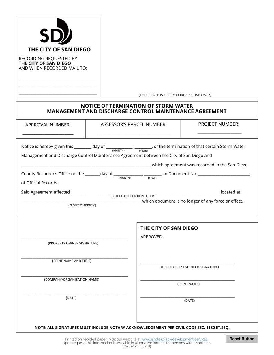 Form DS-3247B Notice of Termination of Storm Water Management and Discharge Control Maintenance Agreement - City of San Diego, California, Page 1