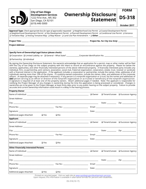 Form DS-318 Ownership Disclosure Statement - City of San Diego, California