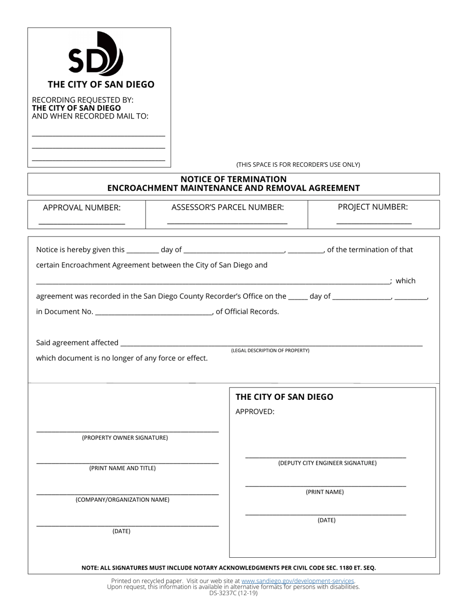 Form DS-3237C Notice of Termination Encroachment Maintenance and Removal Agreement - City of San Diego, California, Page 1
