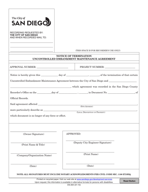 Form DS-264 Notice of Termination for Uncontrolled Embankment Maintenance Agreement - City of San Diego, California