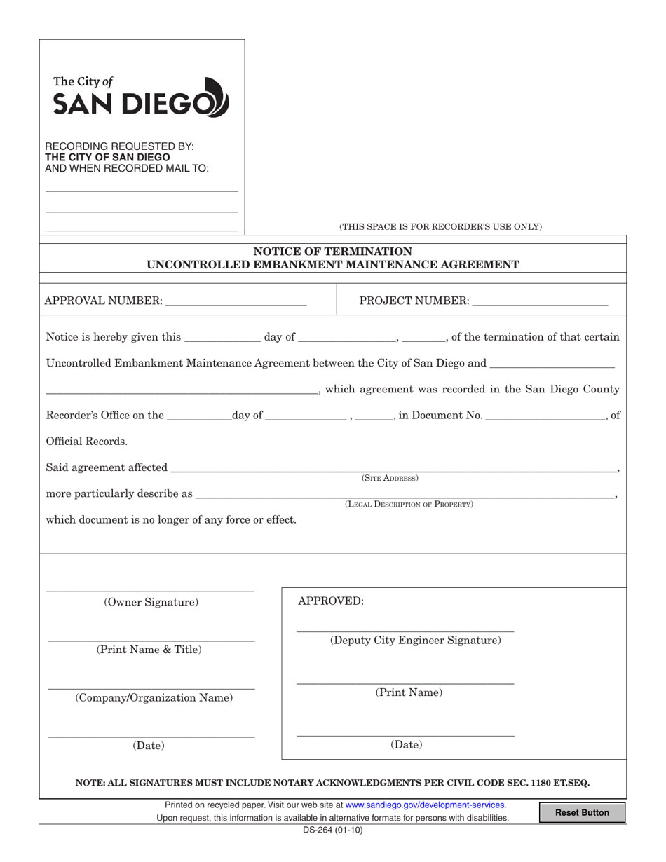 Form DS-264 Notice of Termination for Uncontrolled Embankment Maintenance Agreement - City of San Diego, California, Page 1