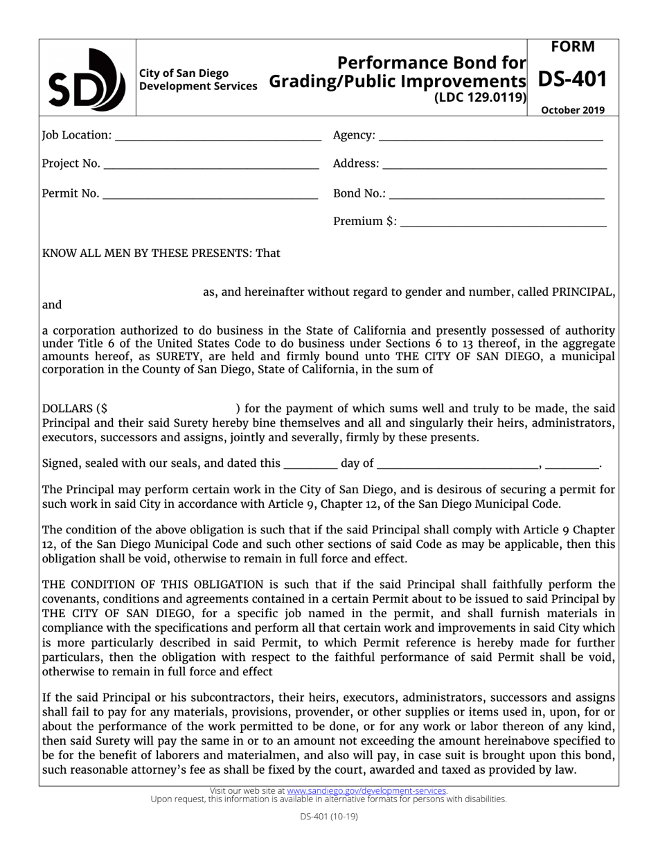 Form DS-401 Performance Bond for Grading / Public Improvements - City of San Diego, California, Page 1