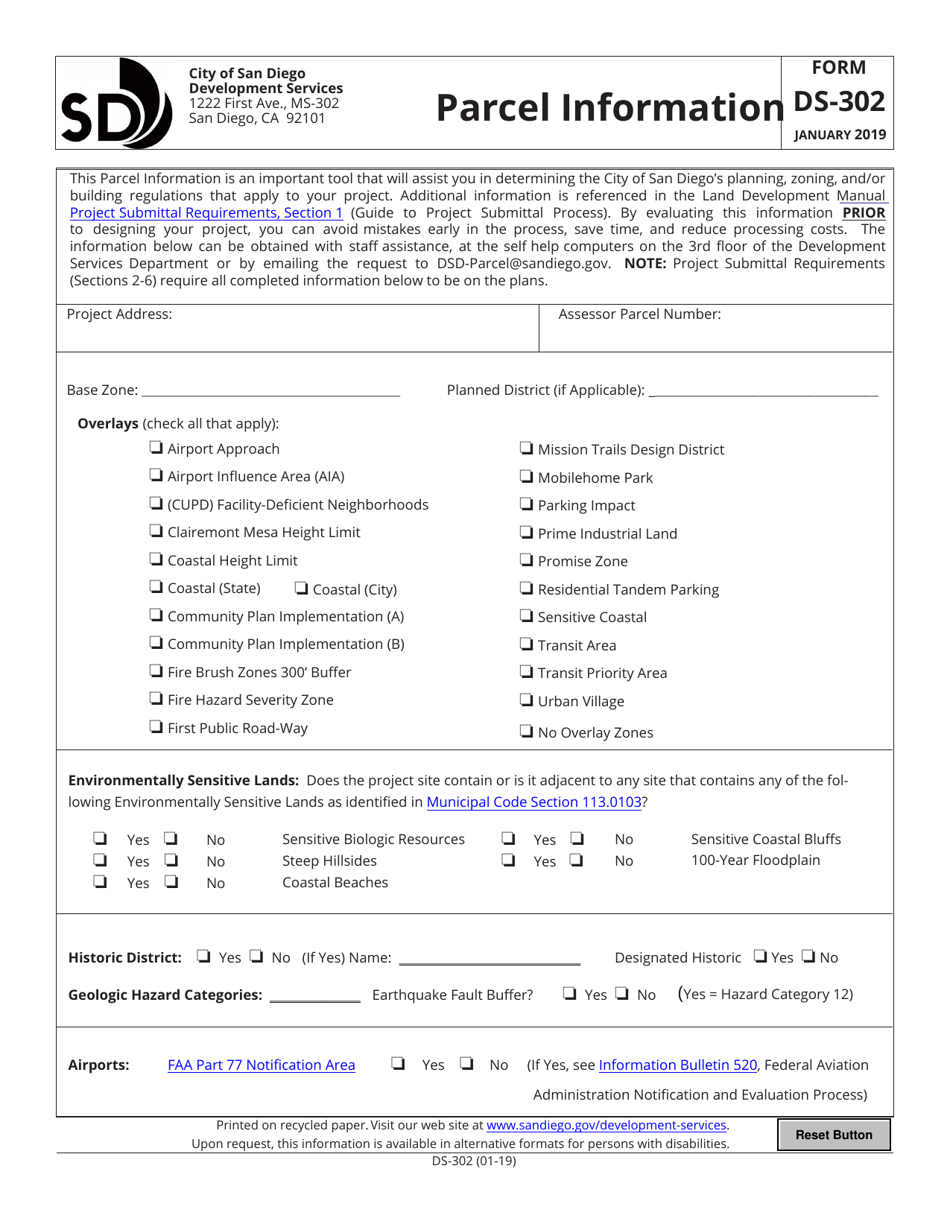 Form DS-302 Parcel Information - City of San Diego, California, Page 1