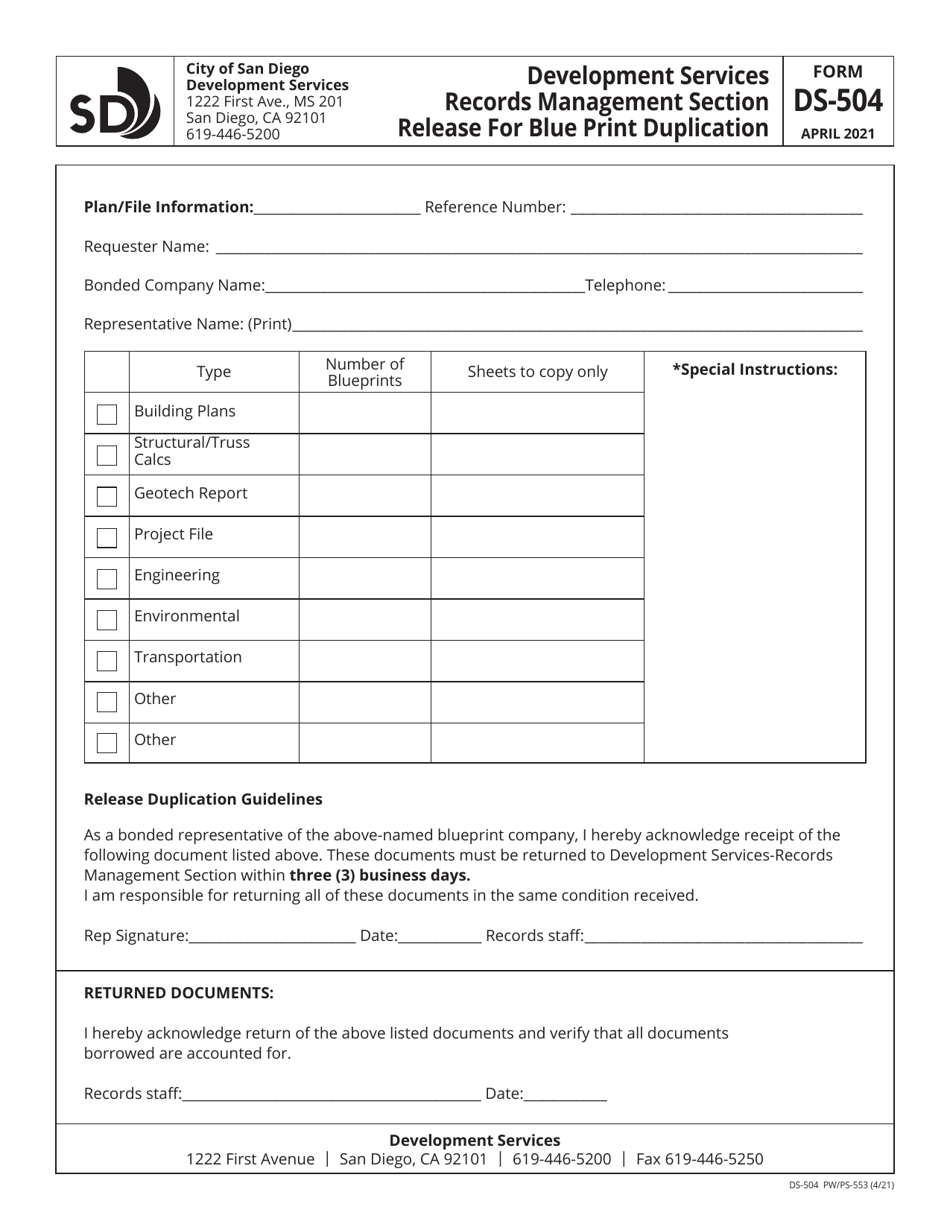 Form DS-504 Release for Blue Print Duplication - City of San Diego, California, Page 1