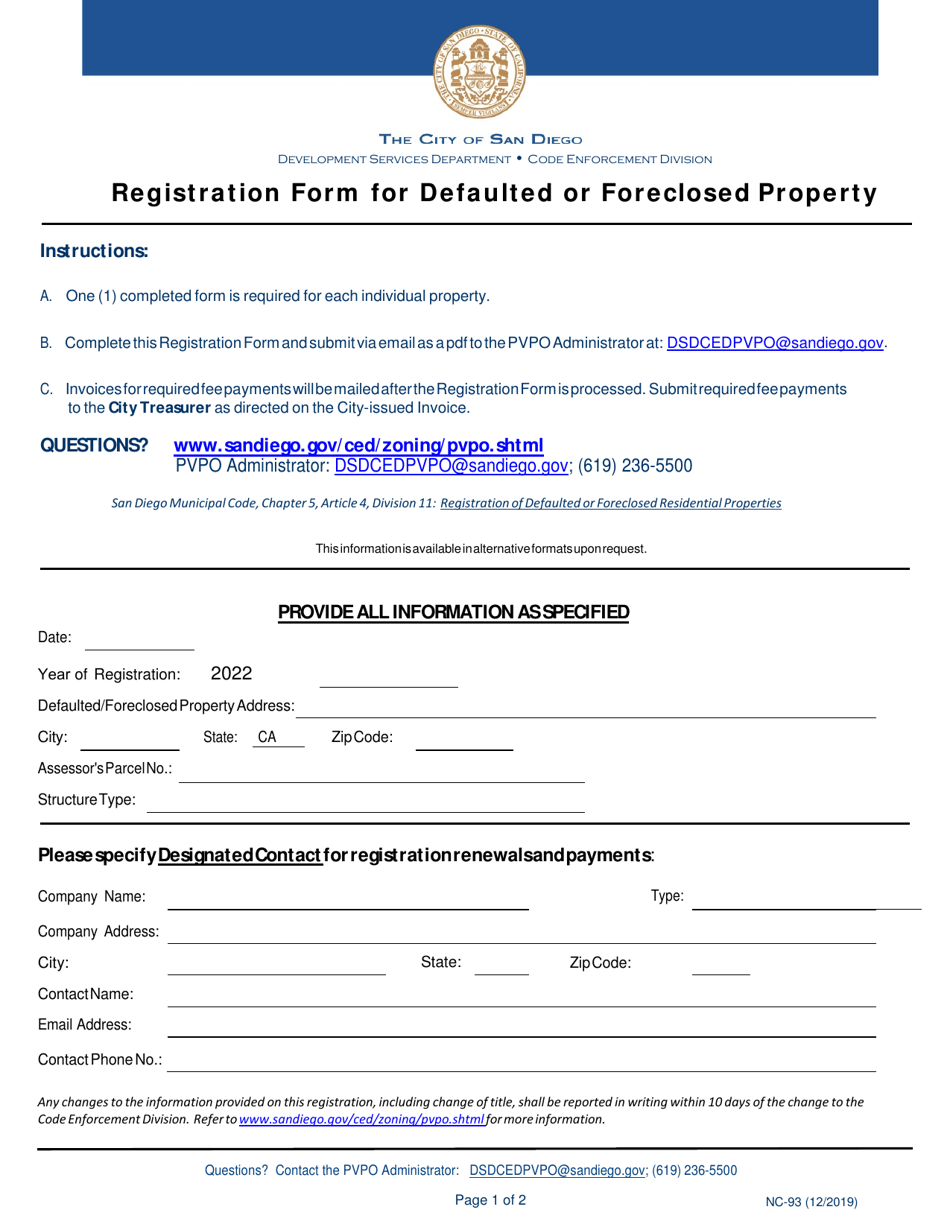 Form NC-93 Registration Form for Defaulted or Foreclosed Property - City of San Diego, California, Page 1