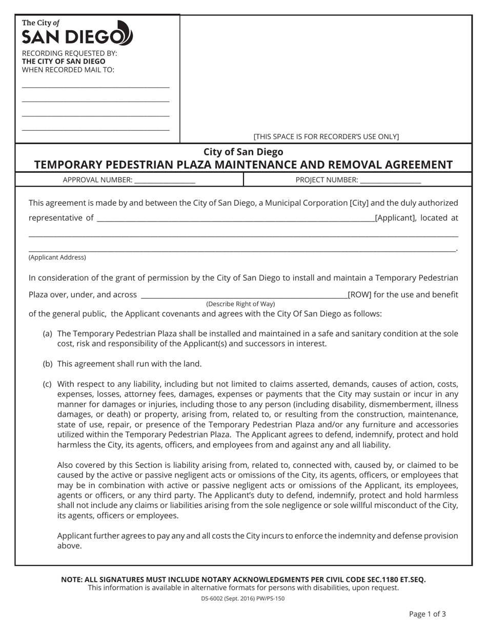 Form DS-6002 Temporary Pedestrian Plaza Maintenance and Removal Agreement - City of San Diego, California, Page 1