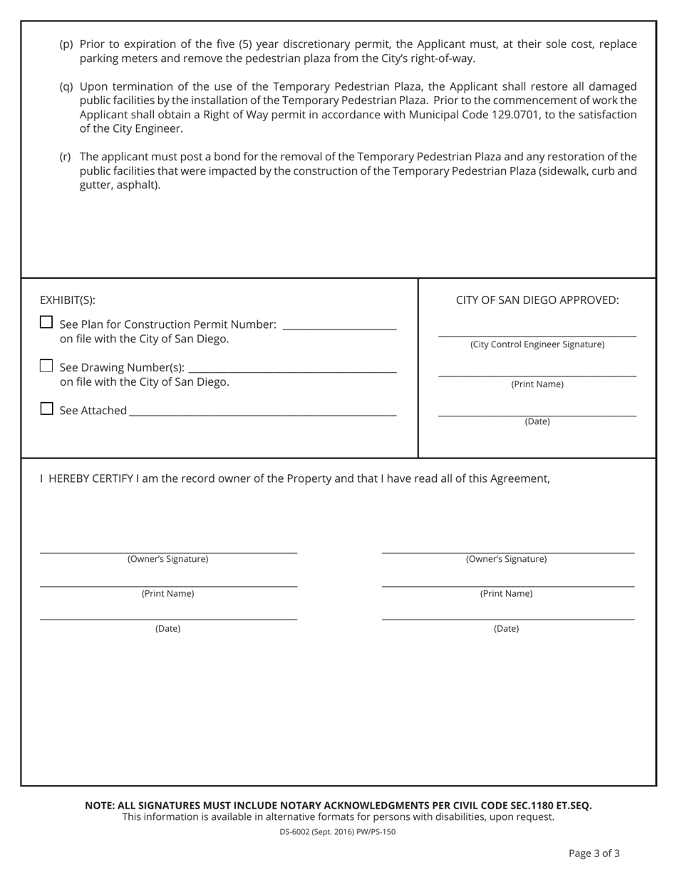 Form DS-6002 Temporary Pedestrian Plaza Maintenance and Removal Agreement - City of San Diego, California, Page 3