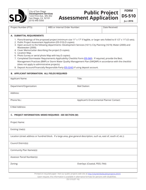 Form DS-510 Public Project Assessment Application - City of San Diego, California