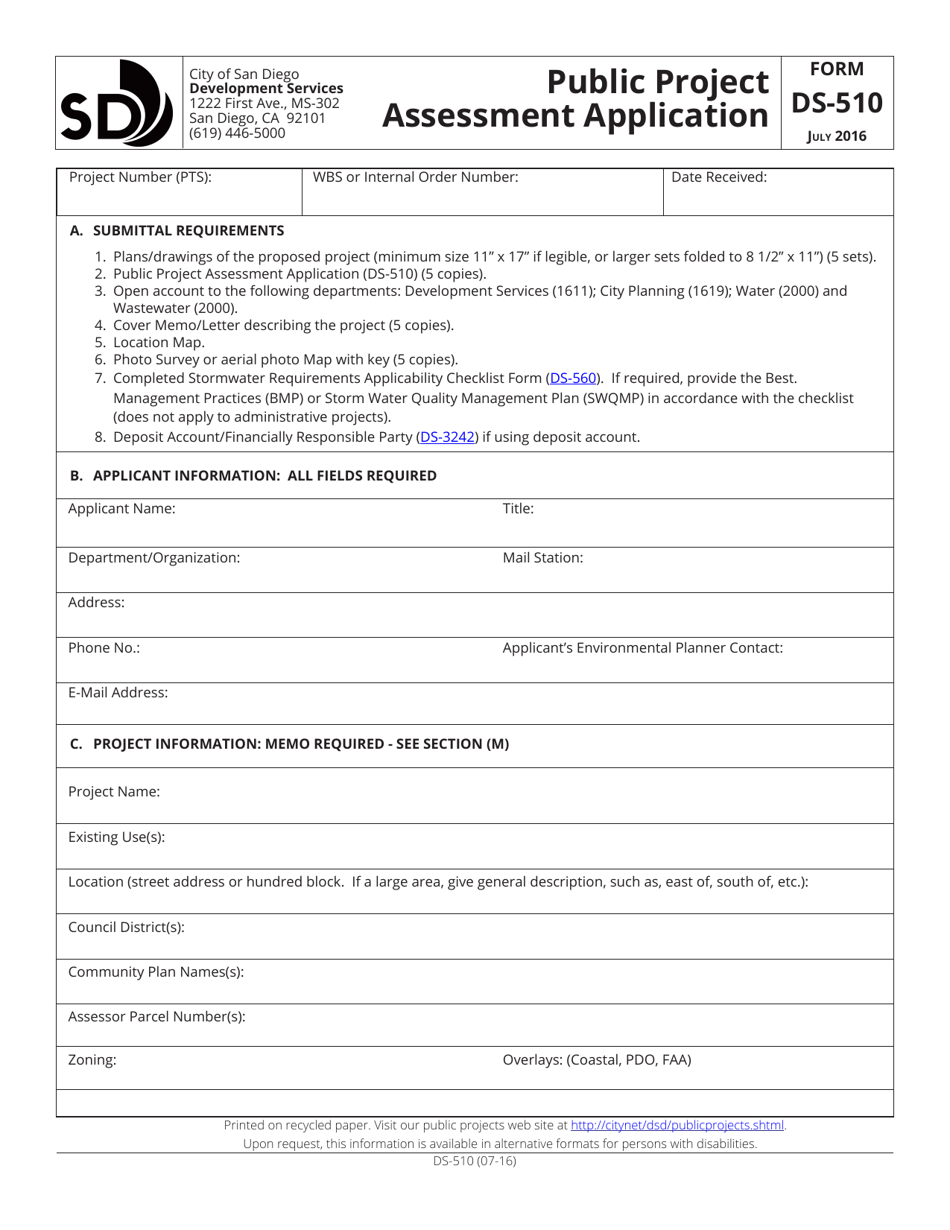 Form DS-510 Public Project Assessment Application - City of San Diego, California, Page 1
