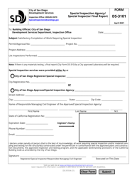 Document preview: Form DS-3101 Special Inspection Agency/Special Inspector Final Report - City of San Diego, California
