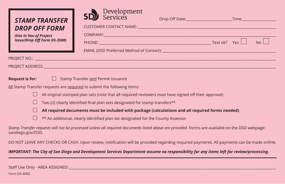 Form DS-4000 Stamp Transfer Drop off Form - City of San Diego, California, Page 1