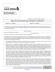 Form DS-280 &quot;Sidewalk Cafe Maintenance and Removal Agreement&quot; - City of San Diego, California